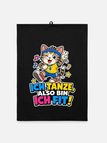 Tanzende Katze Fit Musik Sport Comic Spruch Cool - Organic Geschirrtuch - Schwarz - Vorne