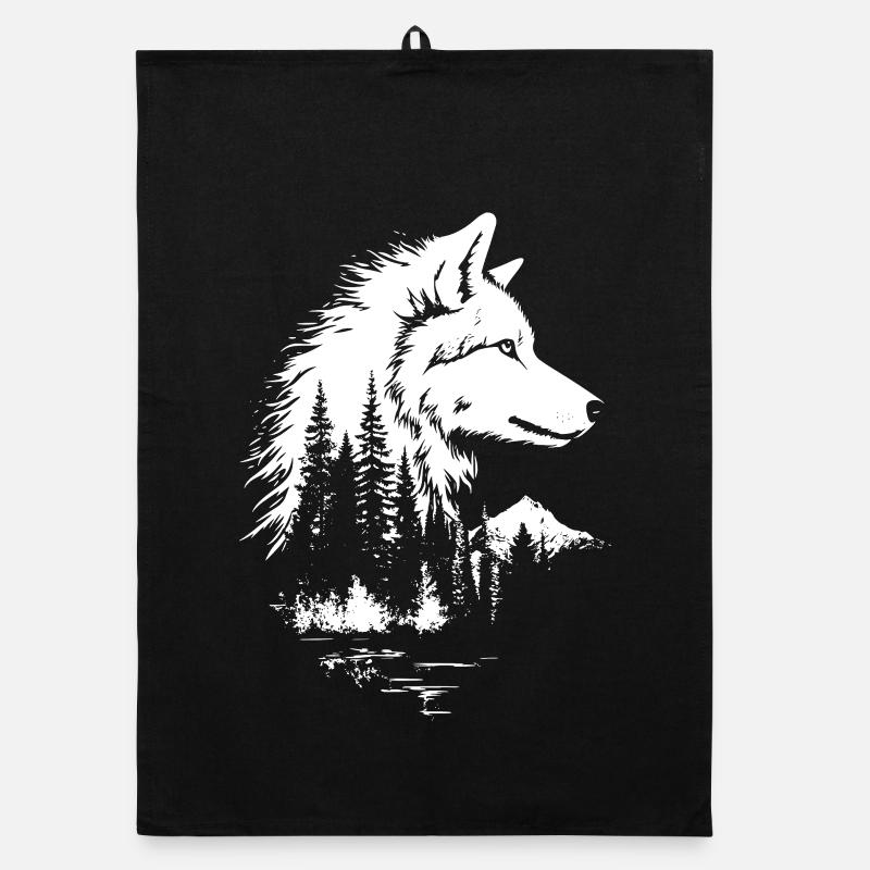 Wolf Gesicht Wald Silhouette im Schwarz-Weiß-Stil Organic Geschirrtuch