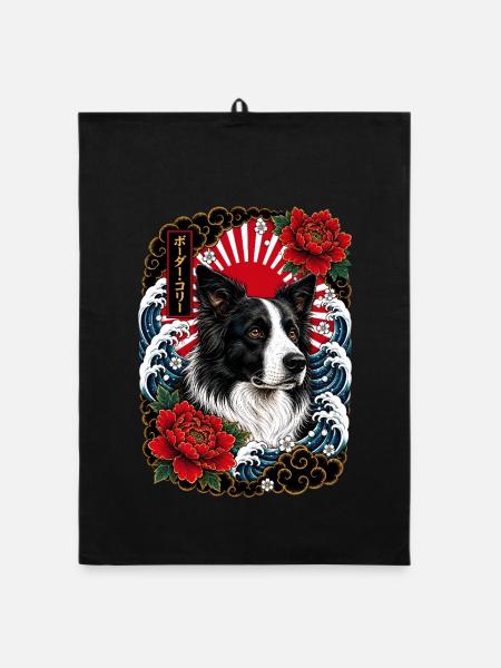 Border Collie im japanischen Irezumi Stil - Organic Geschirrtuch - Schwarz - Vorne
