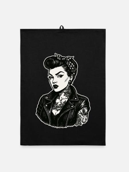 Rebellisches 50s Pin-Up Girl Lederjacke - Organic Geschirrtuch - Schwarz - Vorne