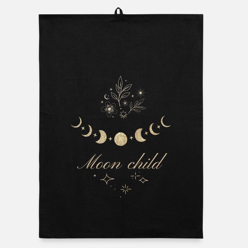 Mondphasen und Sterne mit Mondkind-Text. - Organic Geschirrtuch - Schwarz