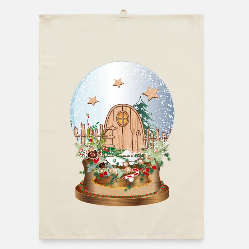 nostalgic snow globe with elves door Organic dish towel