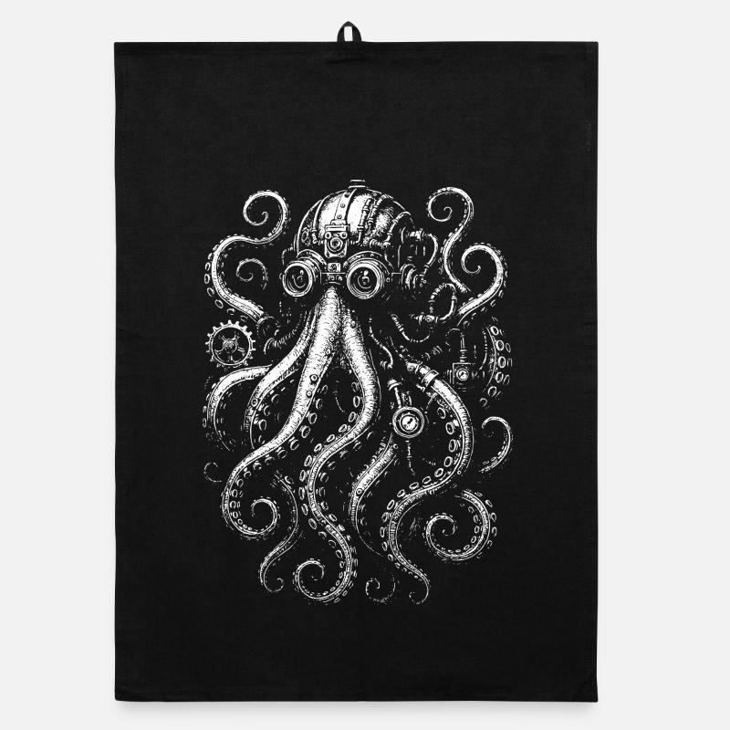 Steampunk Oktopus Design - Organic Geschirrtuch - Schwarz