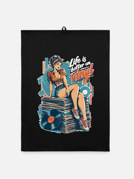 Life is better on vinyl - Pin-Up & Sneaker - Organic Geschirrtuch - Schwarz - Vorne