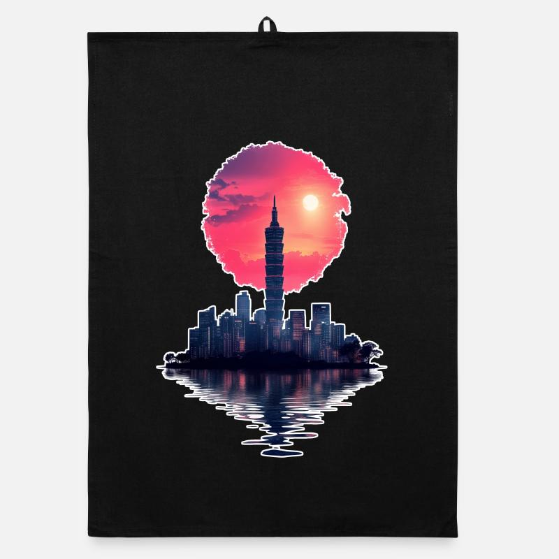 Neon Sunset – Stadt trifft Horizont - Organic Geschirrtuch - Schwarz
