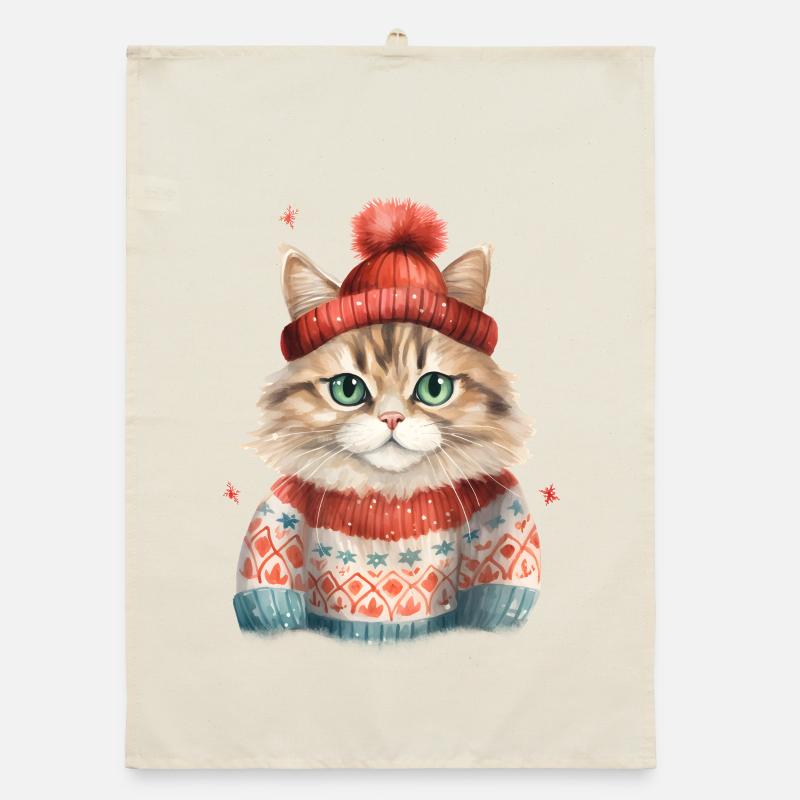 Winterkatze im Strickpullover Organic Geschirrtuch