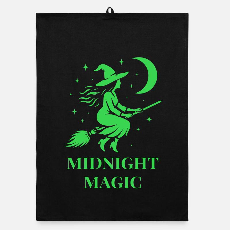 Flying witch at night with moon in green Organic dish towel