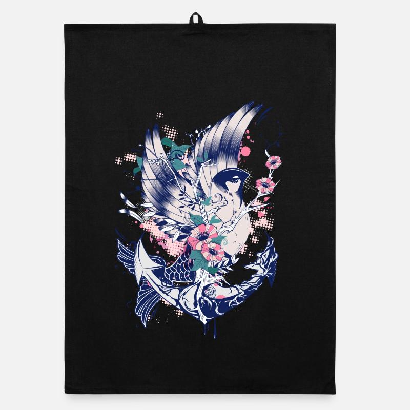 Ein Vogel mit Fischflosse Anker und Blüten - Organic Geschirrtuch - Schwarz