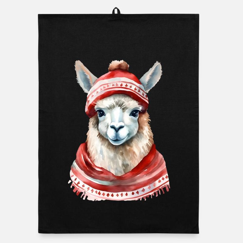Llama with red winter hat and scarf Organic dish towel
