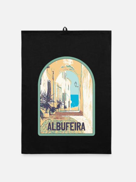 Rue pittoresque de la vieille ville d'Albufeira - Torchon bio - noir - Devant