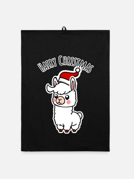 Cute alpaca with pointed hat for the holidays - Organic dish towel - black - Front