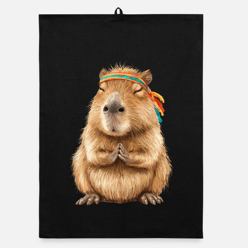 Capybara in Meditationspose mit Stirnband - Organic Geschirrtuch - Schwarz