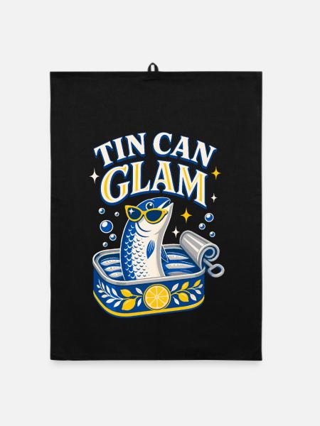 Tin Can Glam Sardines with Sunglasses - Organic dish towel - black - Front