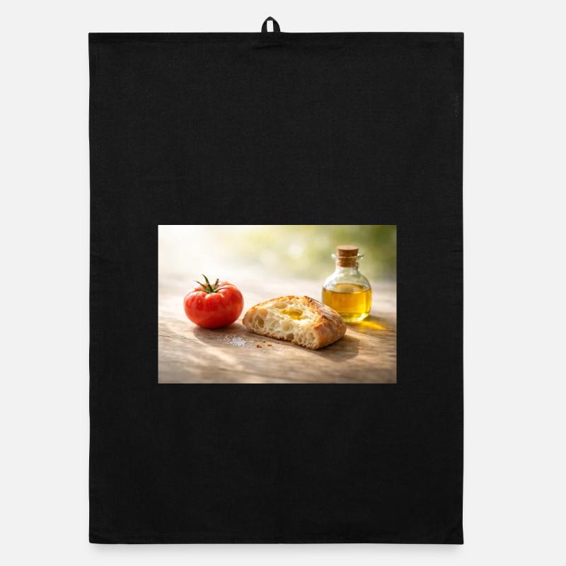 Tomato. Bread. Oil. Organic dish towel