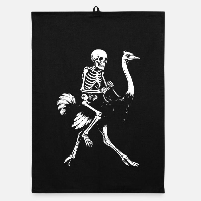 Eerie Skeleton on Flying Ostrich Illustration Organic dish towel
