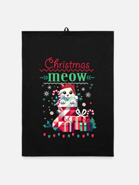 Chat espiègle en bas - Style de Noël laid - Torchon bio - noir - Devant