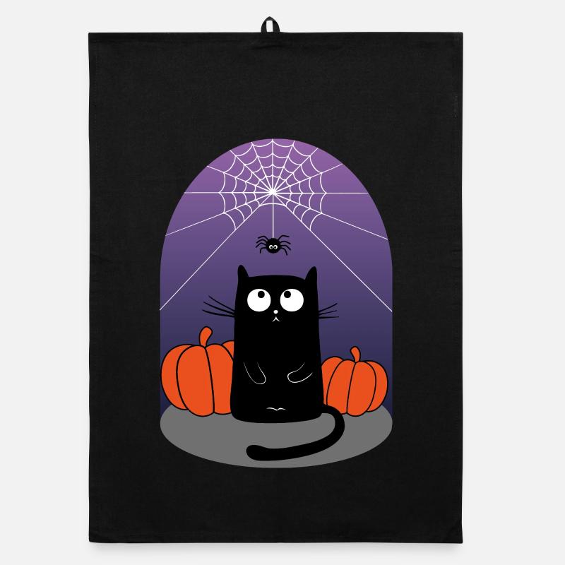 Chat d’Halloween, araignée et citrouilles Torchon bio