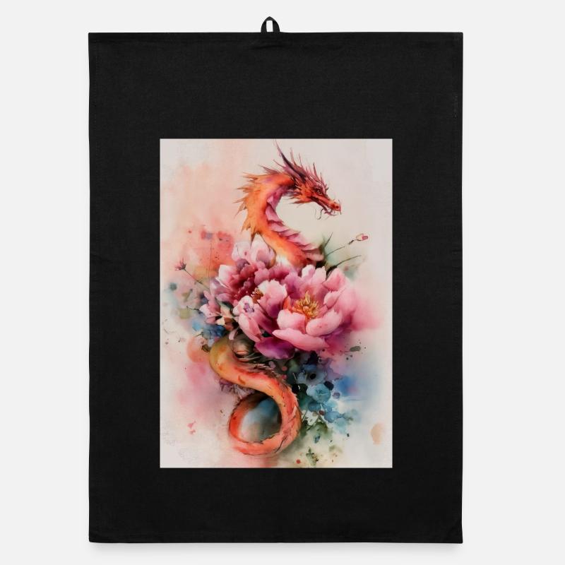 Dragon Aquarelle et Fleurs Torchon bio