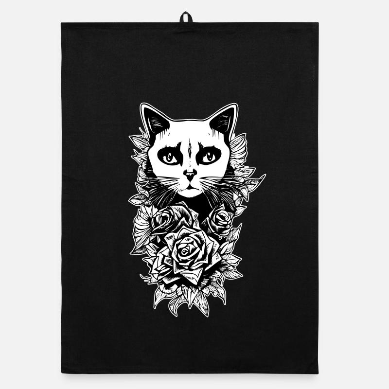 Dessin Gothique | Fleurs Et Chat Torchon bio