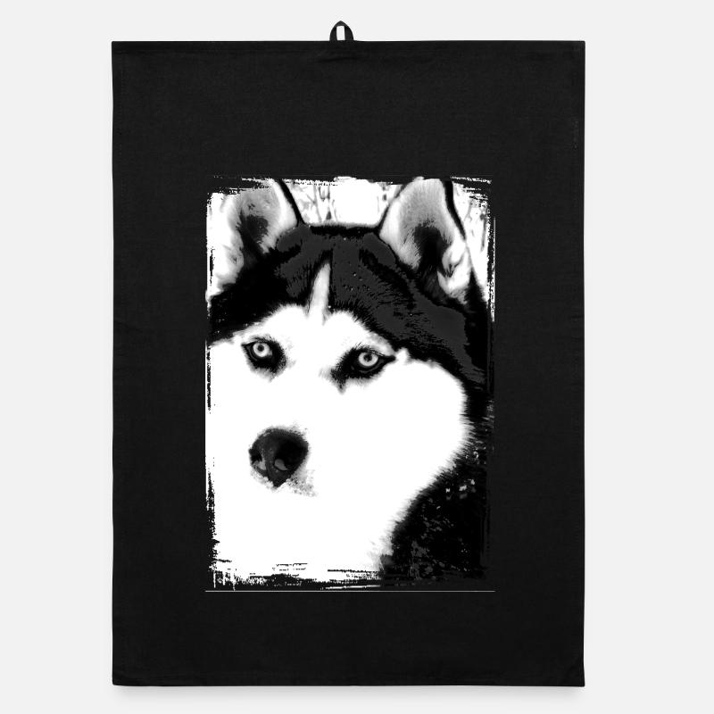 Portrait de Husky noir et blanc sur textile Torchon bio