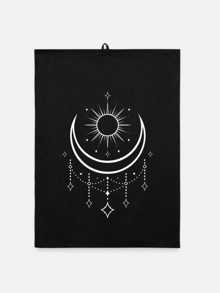 Soleil et Lune du solstice d’été – Motif mystique - Torchon bio - noir - Devant