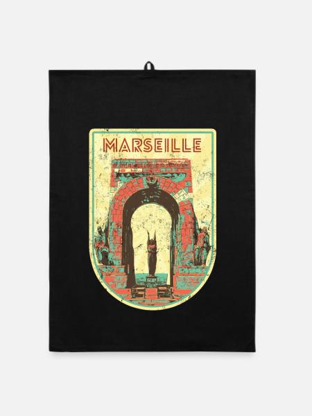 Badge retro, Marseille France est ma ville natale - Torchon bio - noir - Devant