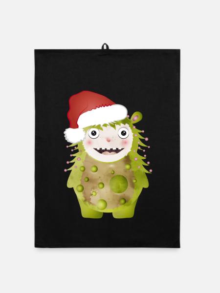 Joyeux monstre vert célébrant Noël - Torchon bio - noir - Devant