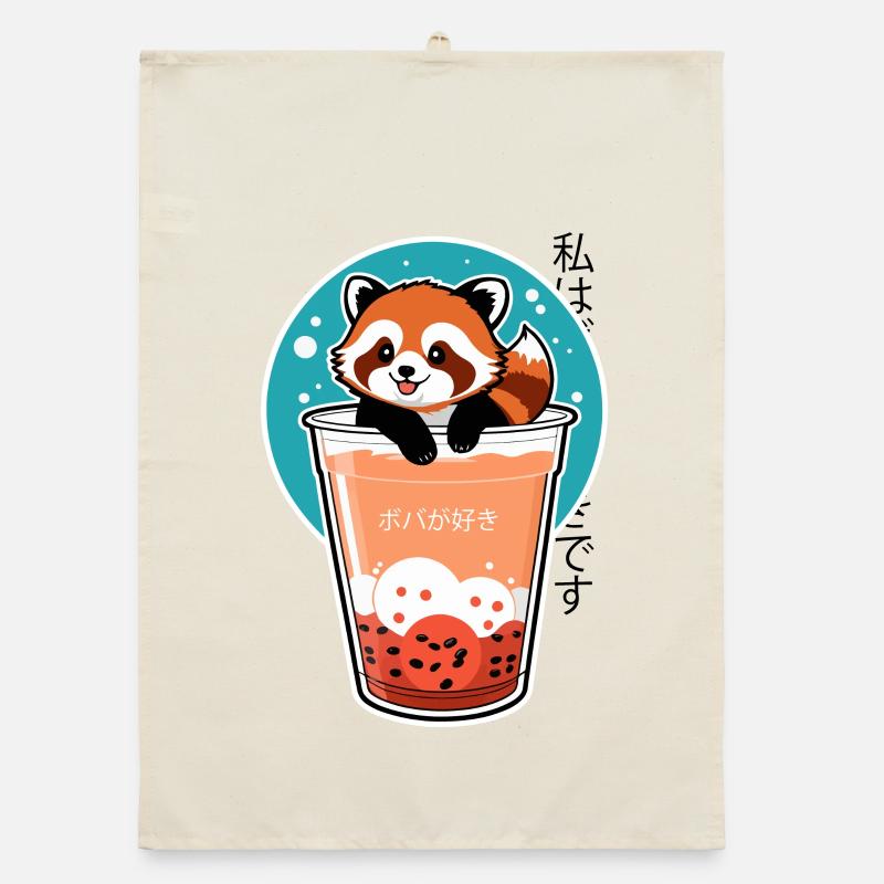 Kawaii Red Panda in Bubble Tea – Boba Design Organic dish towel