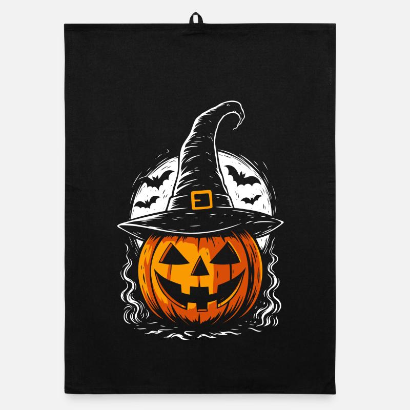 Spooky pumpkin with witch hat & full moon Organic dish towel