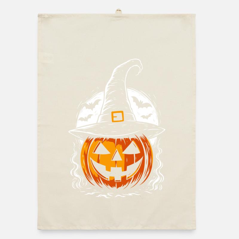 Spooky pumpkin with witch hat & full moon Organic dish towel