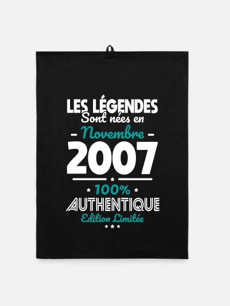 Anniversaire 18 ans - Légendes nées Novembre 2007 - Torchon bio - noir - Devant