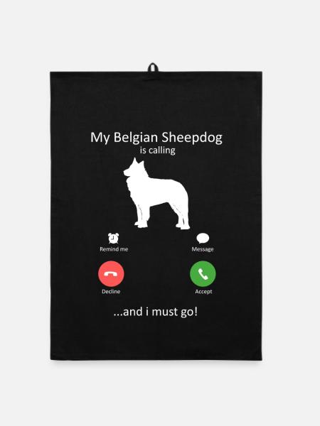 Belgian Sheepdog Is Calling Phone Screen Art Dog - Organic dish towel - black - Front