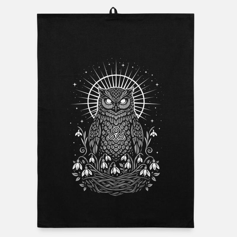 Imbolc Eule mit Triskele und Schneeglöckchen - Organic Geschirrtuch - Schwarz