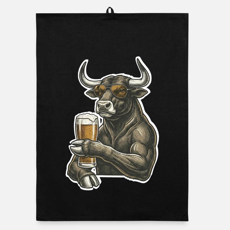 Cool bull with beer Organic dish towel