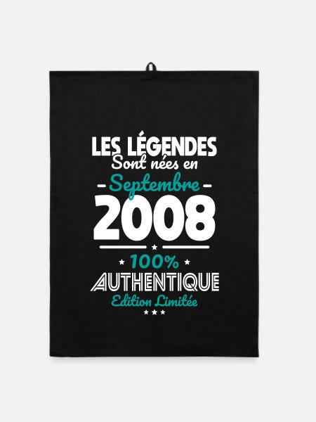 Anniversaire 18 ans - Légendes nées Septembre 2008 - Torchon bio - noir - Devant