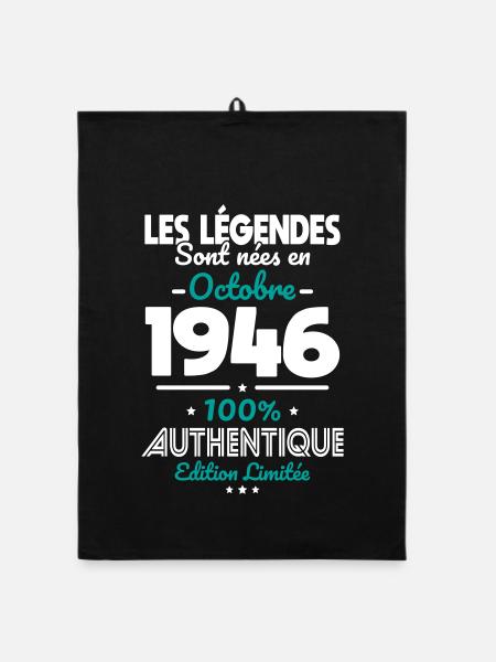 Anniversaire 80 ans - Légendes nées Octobre 1946 - Torchon bio - noir - Devant