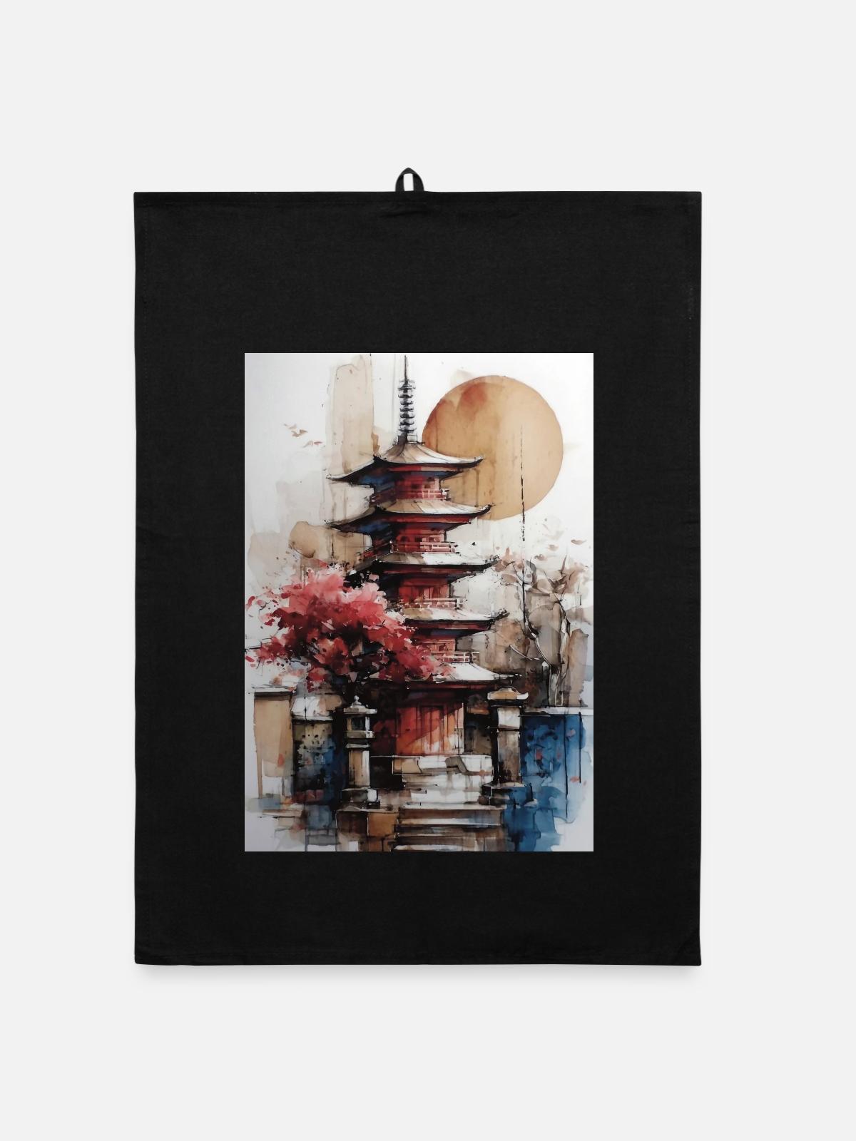 Zen-Sonne-Aquarellpagode - Organic Geschirrtuch - Schwarz - Vorne