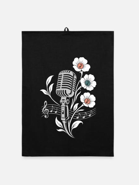Vintage Microphone – Music and Flowers Motif - Organic dish towel - black - Front
