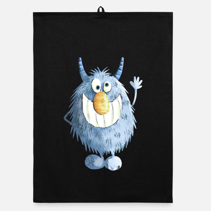 Blue grinning monster Organic dish towel