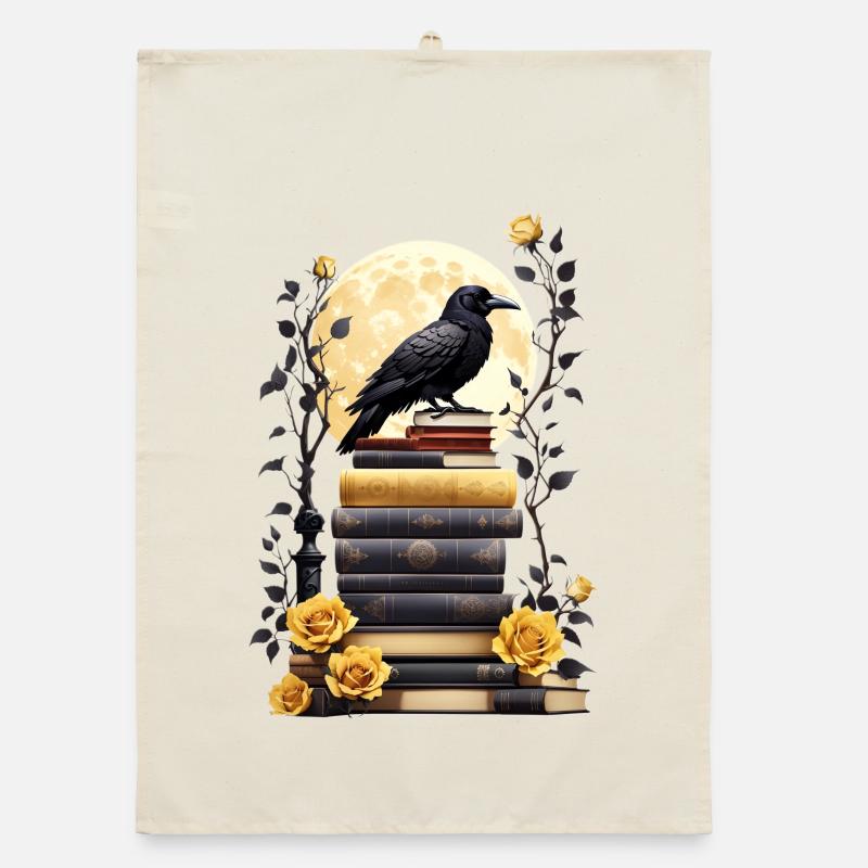 Stack of books with raven Organic dish towel