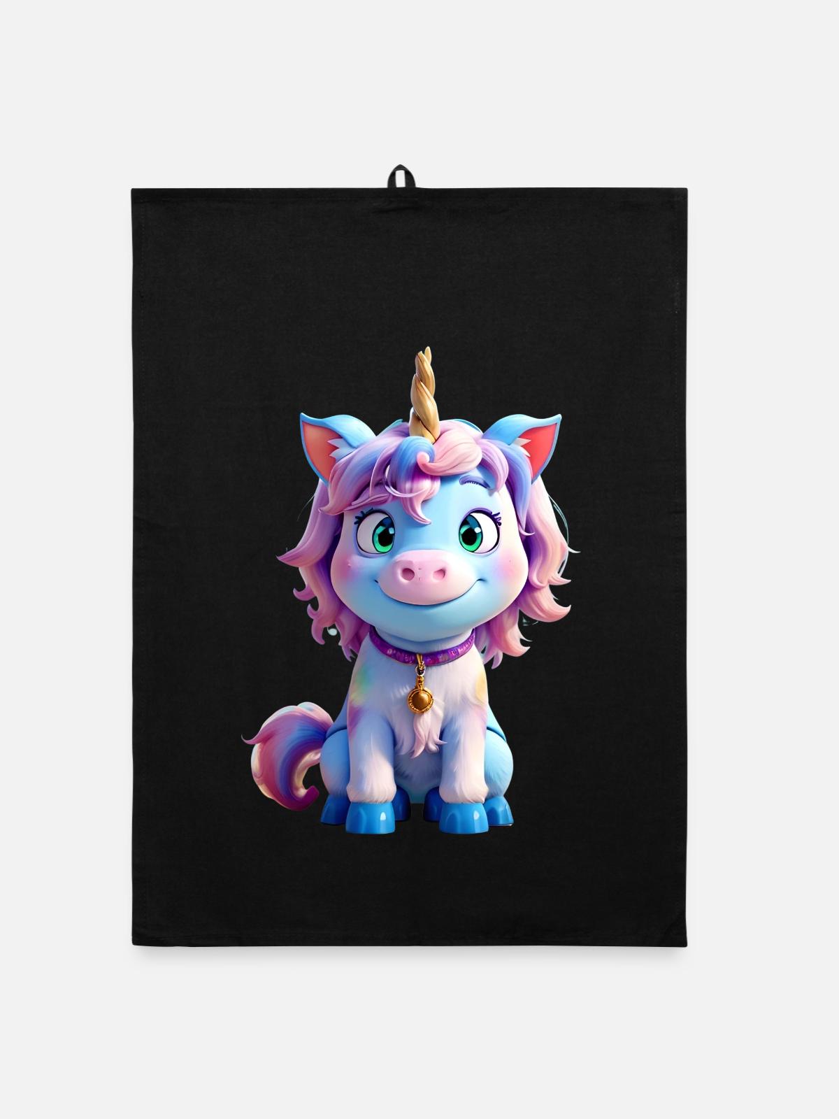Buntes 3D-Einhorn - Organic Geschirrtuch - Schwarz - Vorne