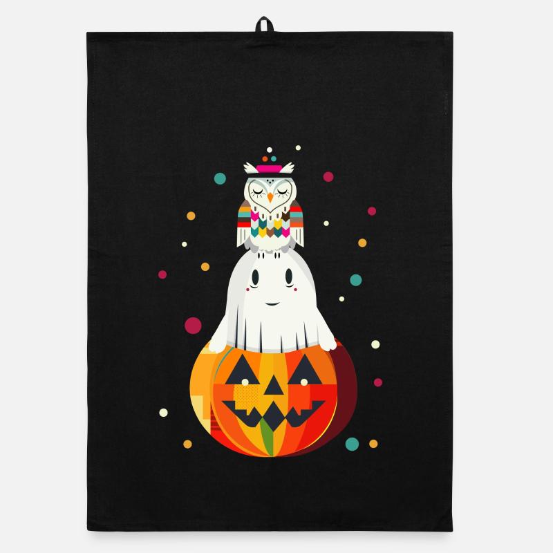 Owl and Ghost on the Pumpkin – Halloween Motif Organic dish towel