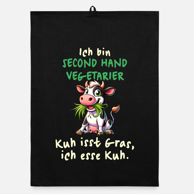 Second Hand Vegetarier – Lustiges Kuh-Design - Organic Geschirrtuch - Schwarz