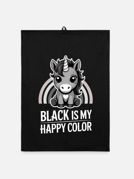 Gris licorne arc-en-ciel : Le noir est ma couleur joyeuse - Torchon bio - noir - Devant