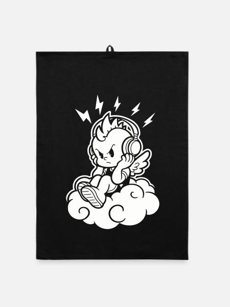Punk Engel – Cherub mit Kopfhörern - Organic Geschirrtuch - Schwarz - Vorne