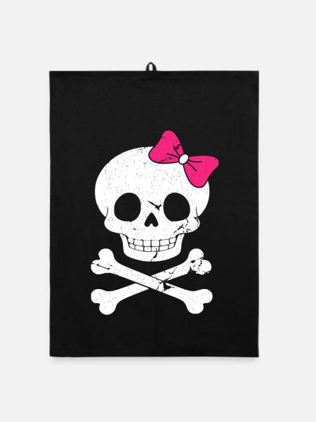 Cute skull with pink bow - Organic dish towel - black - Front