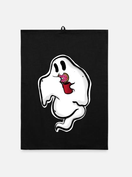 Ghost with donut and cup - Organic dish towel - black