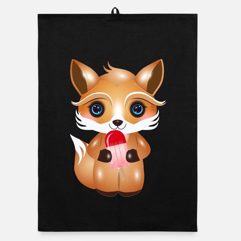 niedlicher Kawaii Fuchs mit rotem Eis am Stil - Organic Geschirrtuch - Schwarz