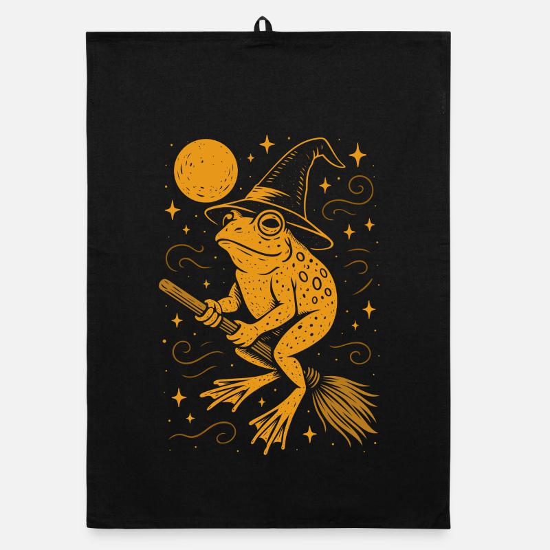 Witch frog with hat on broom Organic dish towel