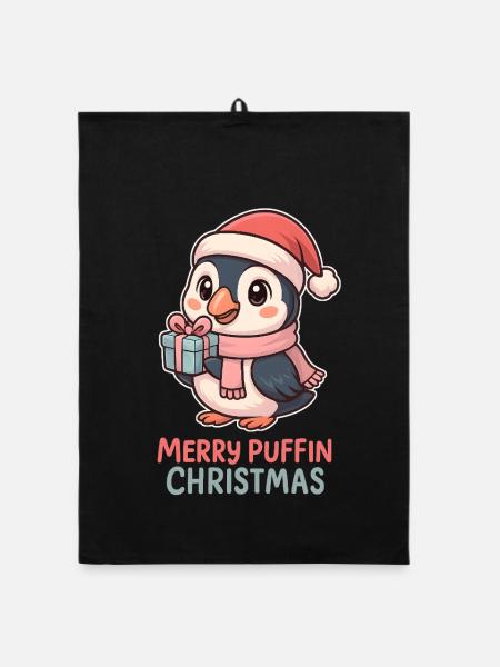 Puffin Christmas Cute - Organic dish towel - black - Front